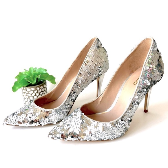 Aldo Uloaviel Silver Sequin Pointed Toe Stiletto High Heel Pumps Flip 37 / 6.5 - Picture 1 of 9